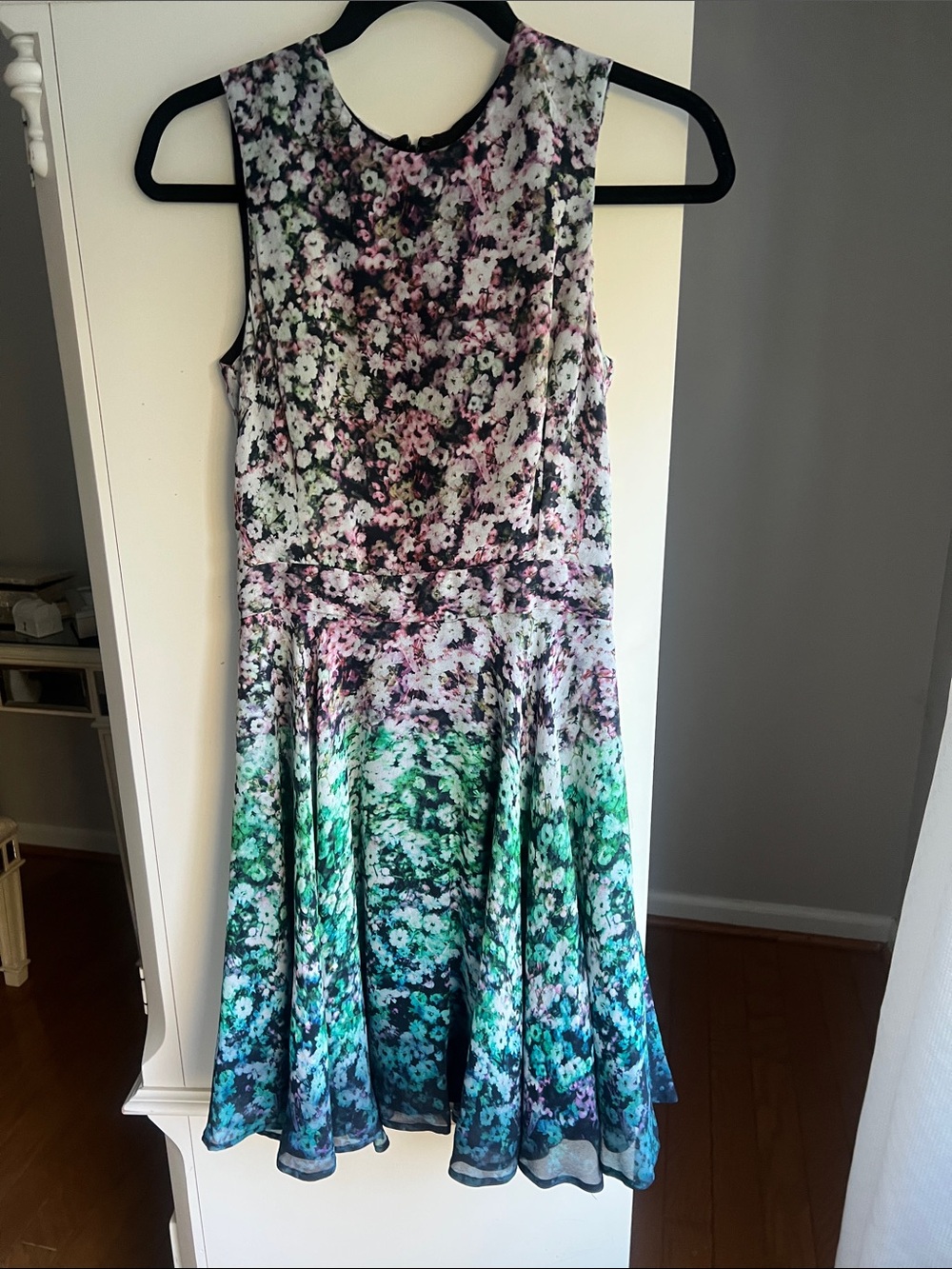 Floral Gradient Fit-and-Flare Dress in Pink and Green